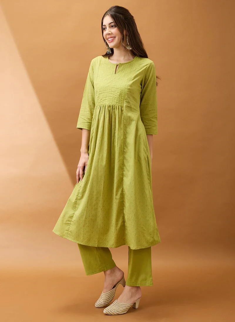 globus Green Globus Women Green Keyhole Neck Zari Embroidered Yoke Woven Design Pleated A-Line Kurta With Pants Festive Set for Women | Best Price UAE